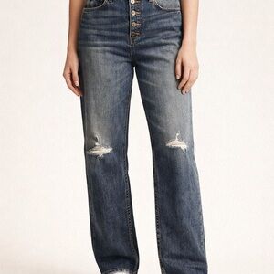 Maurices Crop Distressed Blue Straight Leg Button Fly Denim Jeans Size 31
